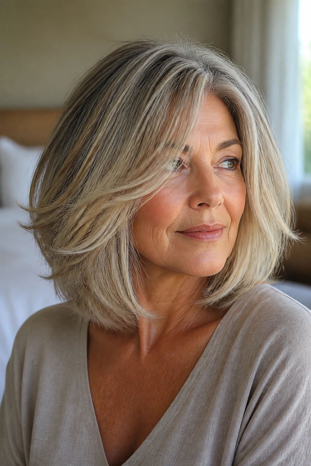 Close-up portrait of a woman with a shoulder-length layered lob and airy ends.