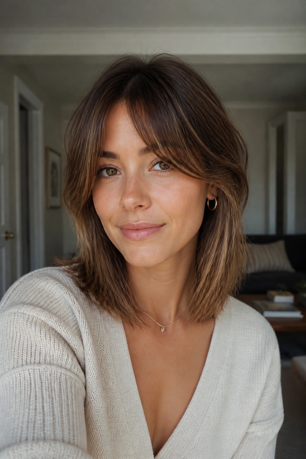 Medium close-up of a real person with layered lob bangs in a bright living room