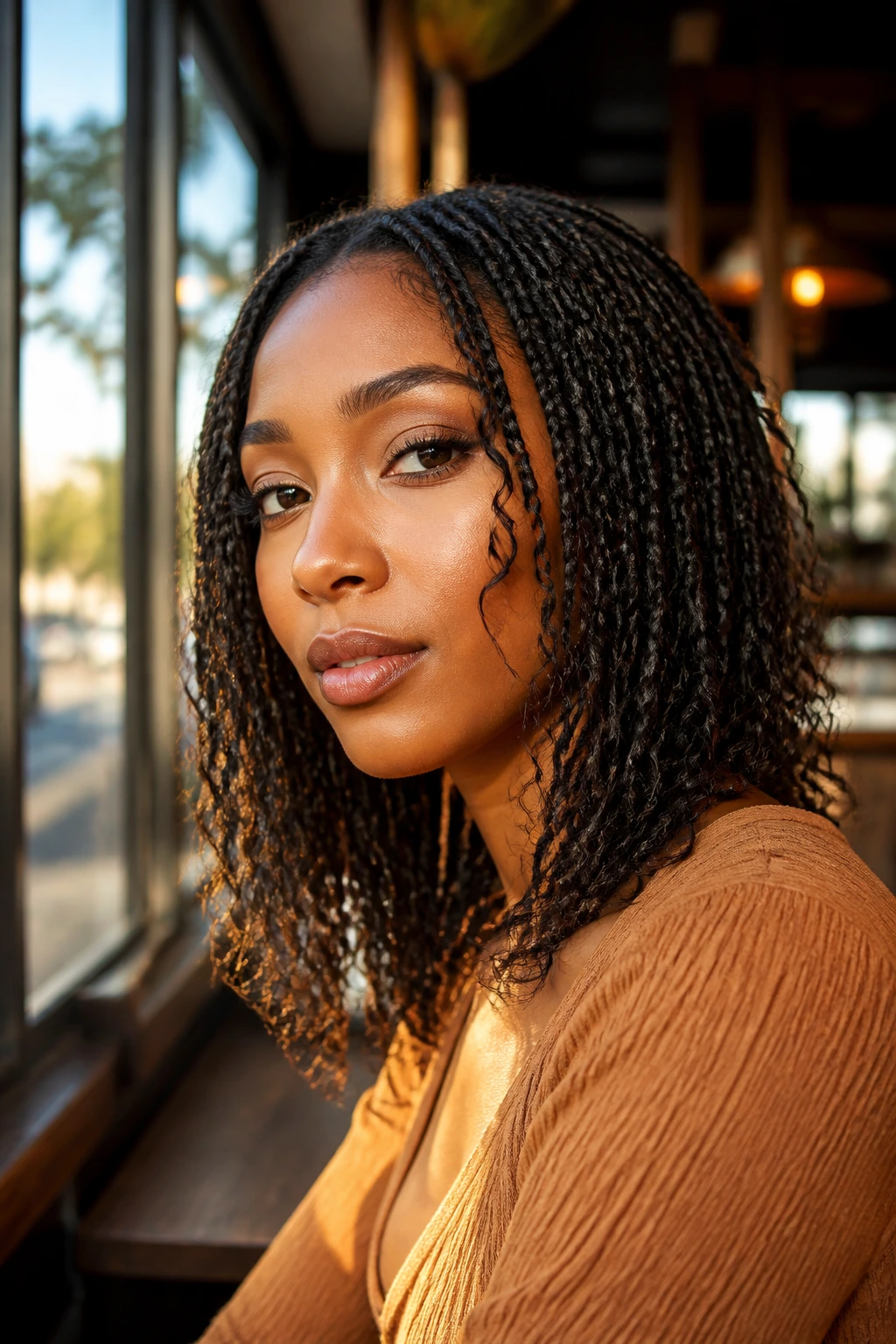 Medium close-up of layered lob braids framing the face in golden-hour urban setting.