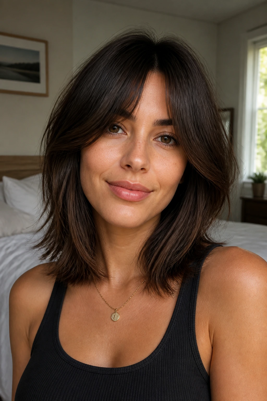 Close-up portrait of a woman with layered lob and curtain bangs in warm bedroom light