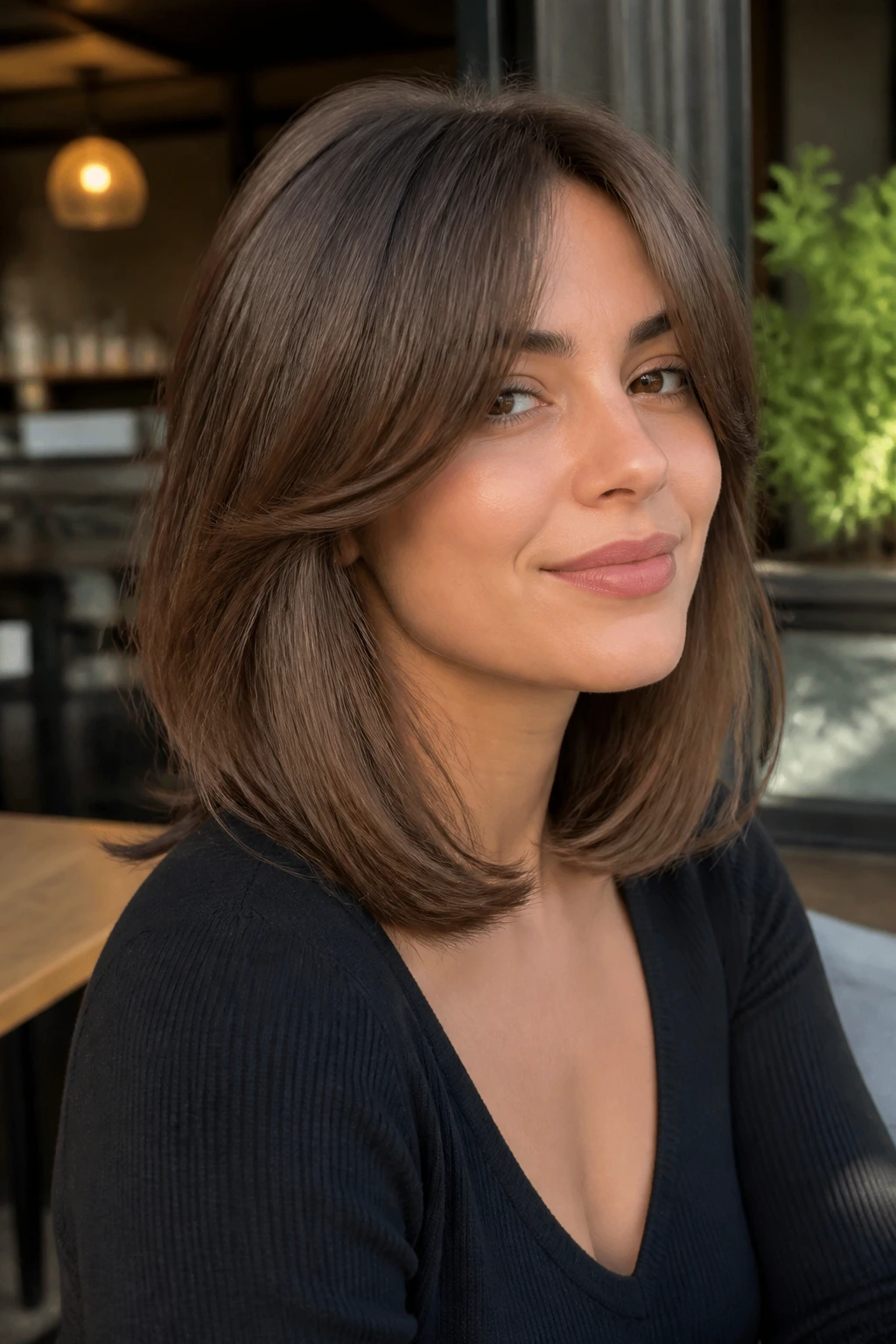 Close-up portrait of a woman with layered curtain bangs on a lob haircut in cafe light