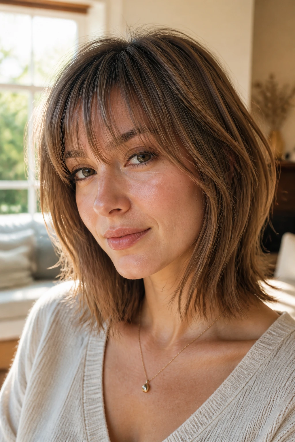 Layered lob with feathered fringe on a real woman.