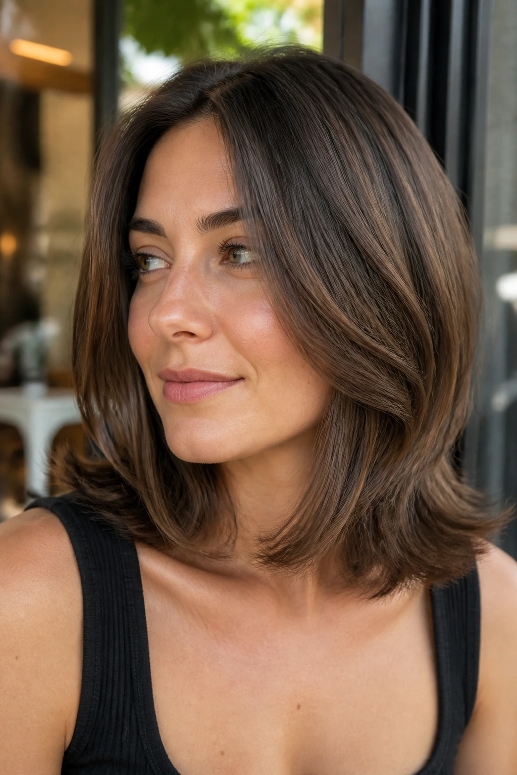 Close-up of a real woman with layered lob and flipped ends in a cafe setting.
