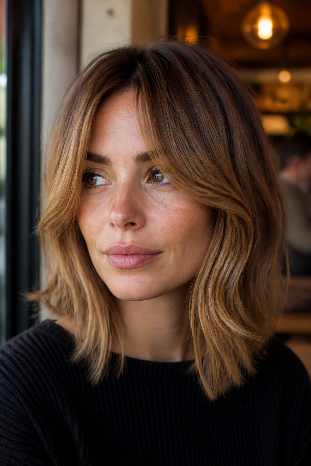 Close-up portrait of a real woman with layered lob frame hairstyle