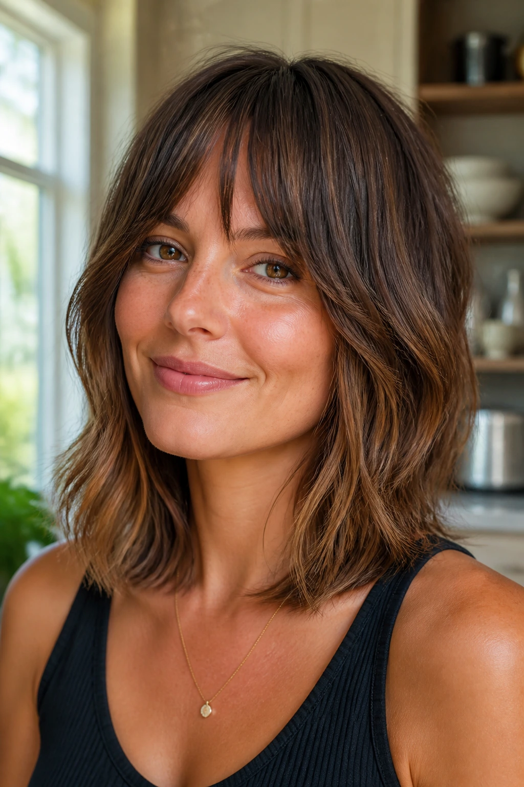 Close-up portrait of a real person with layered lob and fringe hairstyle