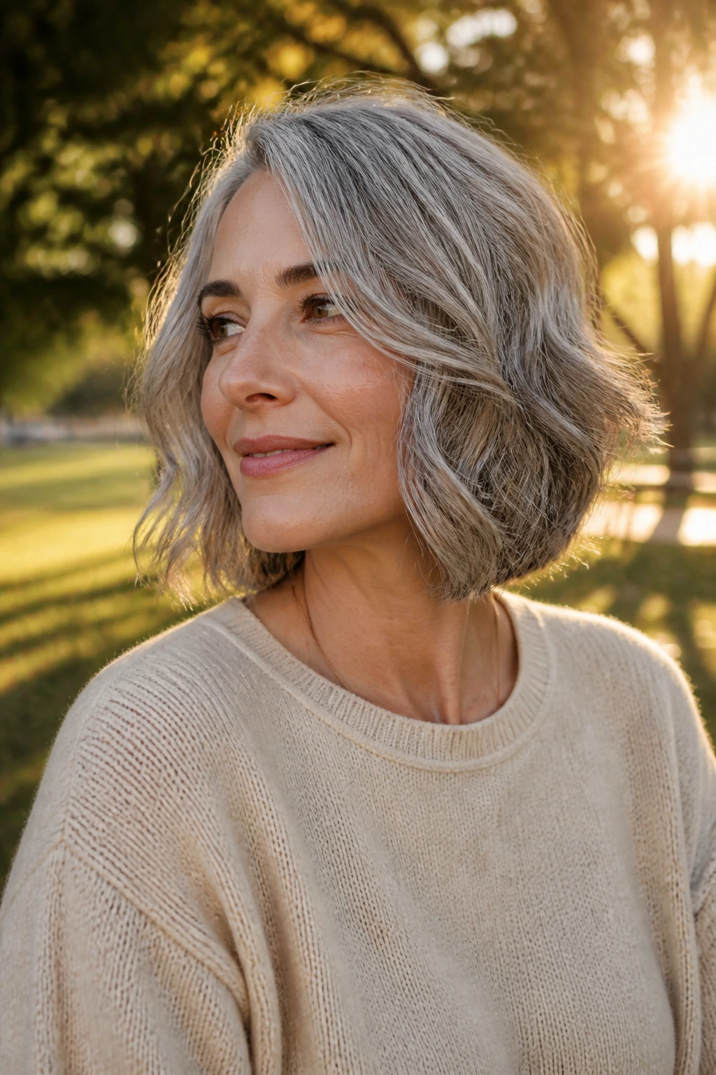 Shoulder-length layered lob on a real person with wavy gray hair outdoors