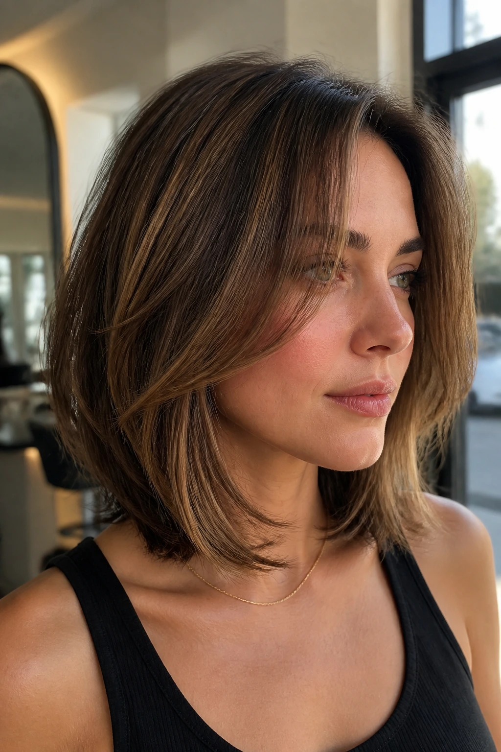 Close-up portrait of a real woman with a layered lob hairstyle showing a clean outer edge and subtle movement