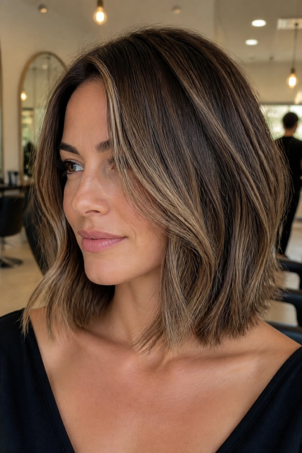 Close-up of a woman with a layered lob showing internal movement in a stylish salon