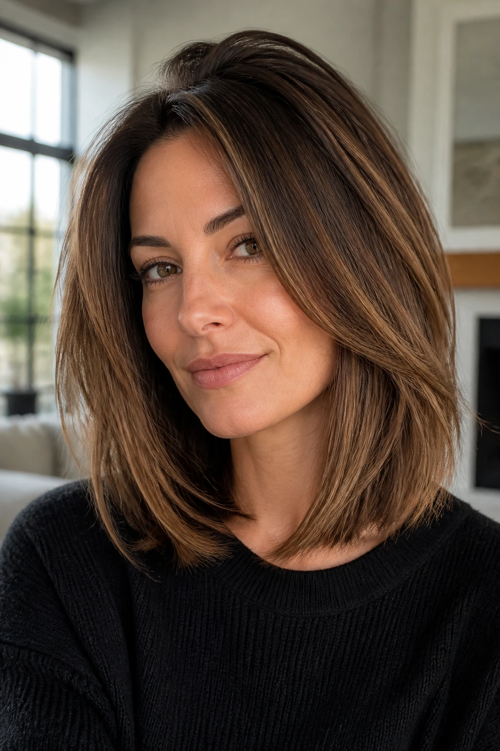Close-up portrait of a real woman with layered collarbone-length long bob showing crown lift and full perimeter.