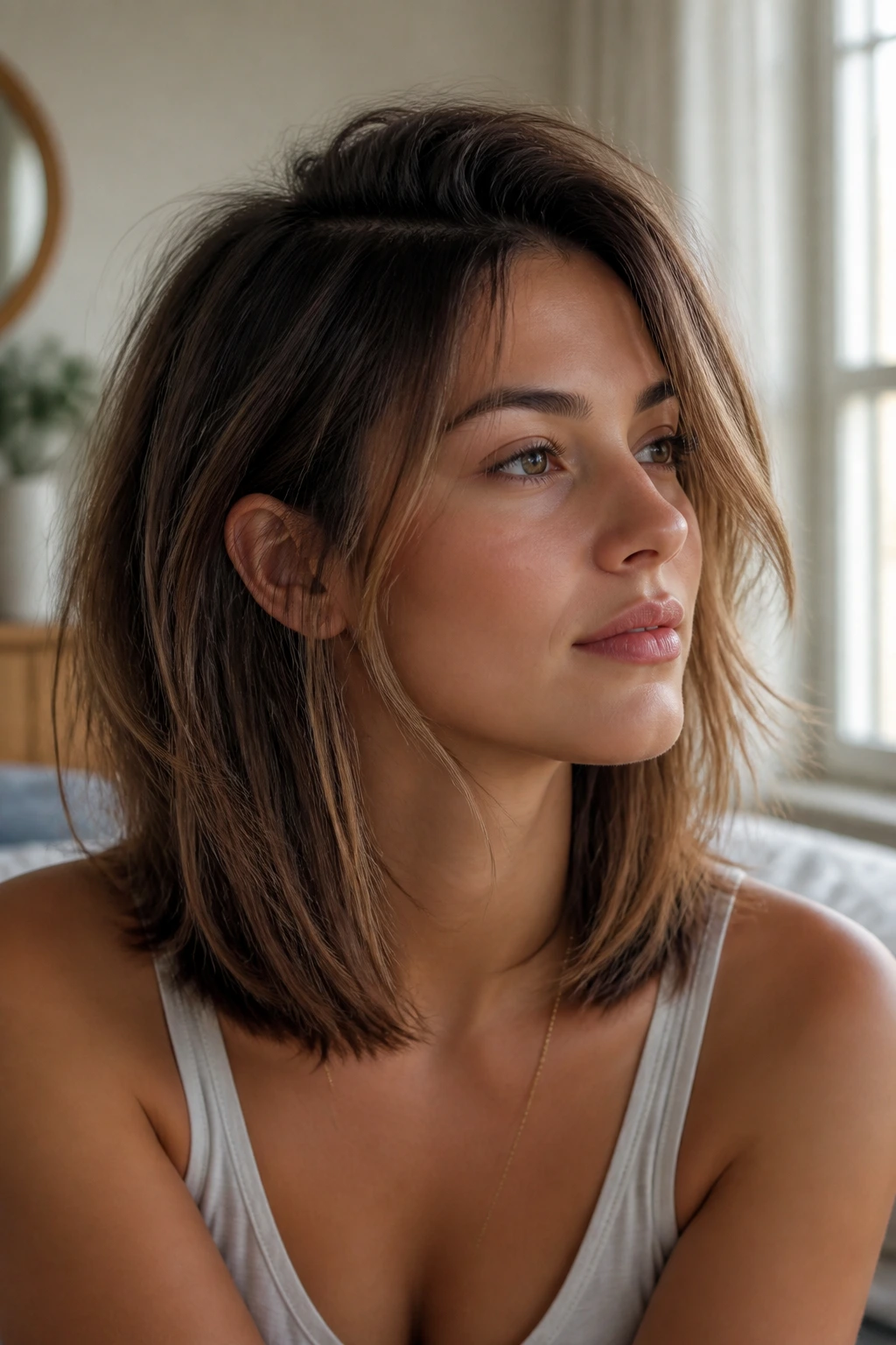 Close-up of a real woman with a layered lob styled for a morning routine.