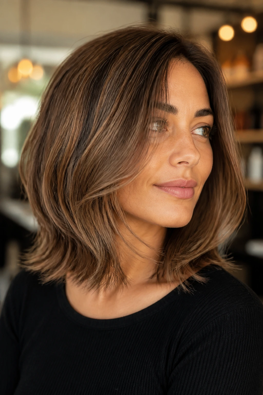 Close-up of a real woman showing movement in a layered lob around the collarbone