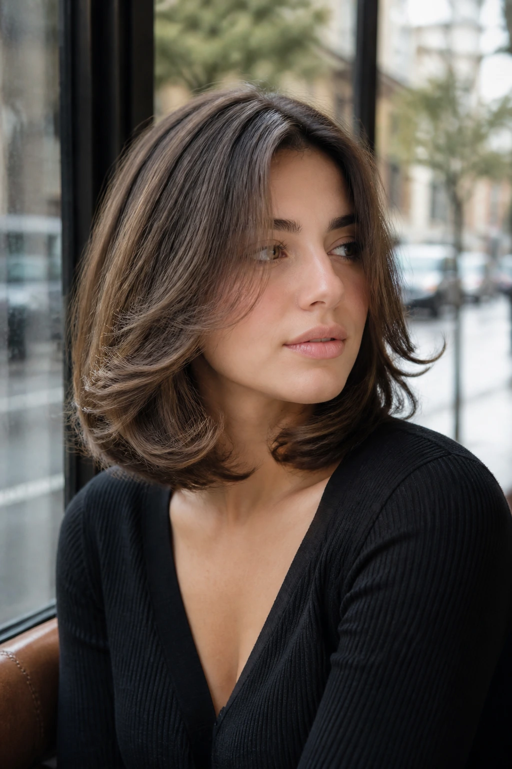 Close-up portrait with layered lob and old-school swing