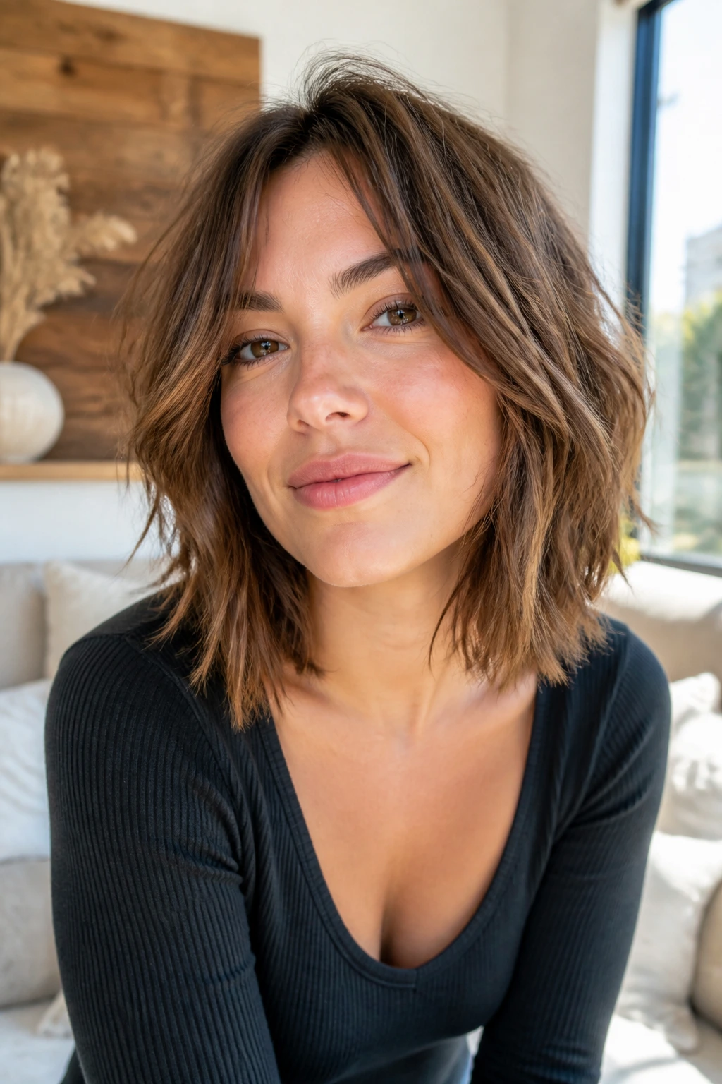 Close-up of a real woman with layered lob and razor ends hairstyle