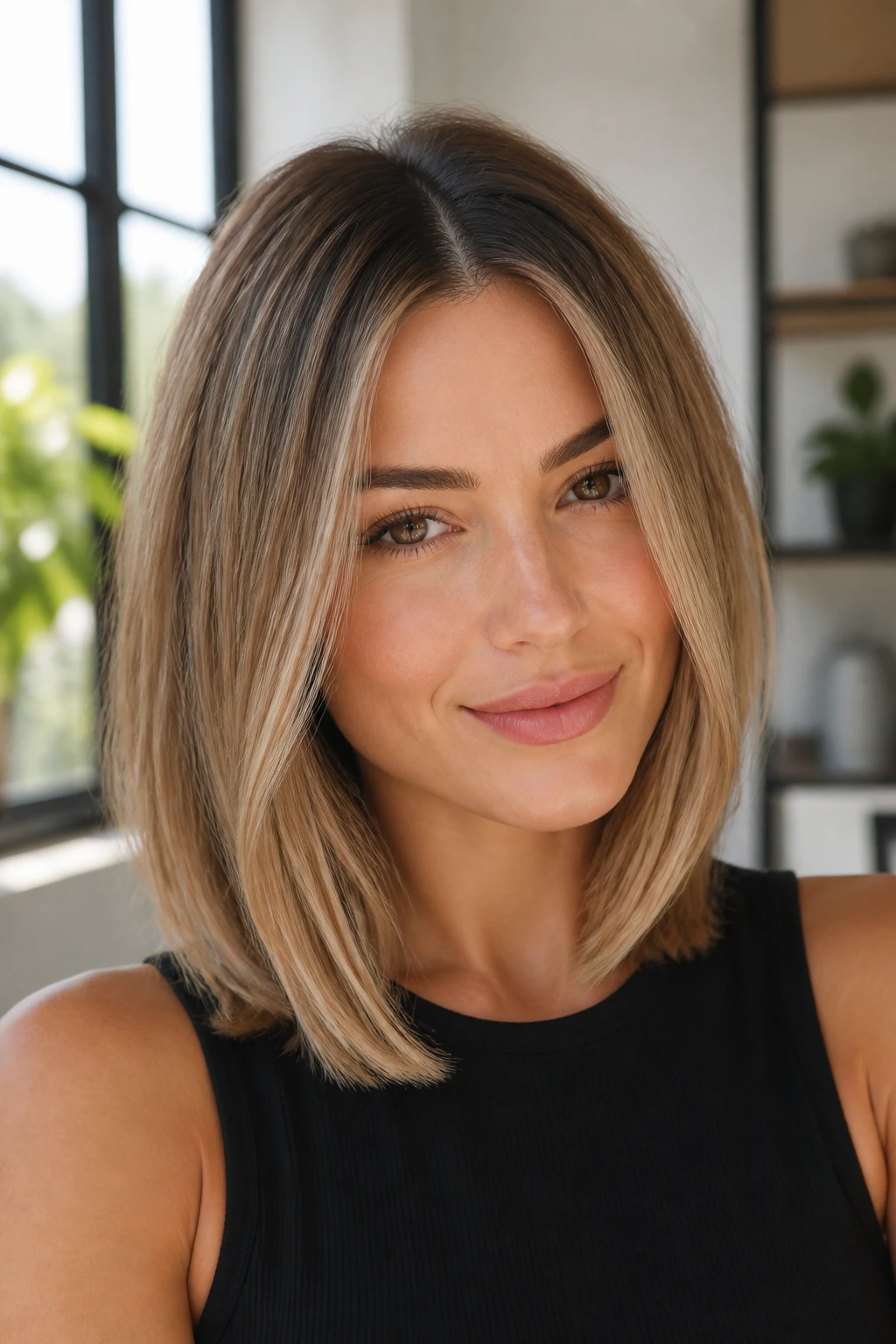 Close-up of a woman with a sleek layered lob and sand beige balayage