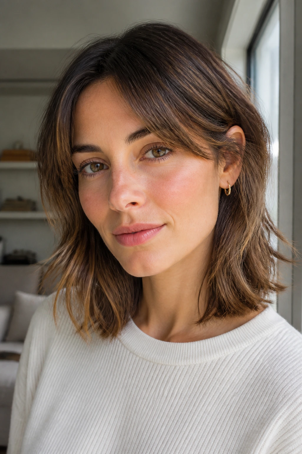 Medium close-up of a real woman with layered lob shag
