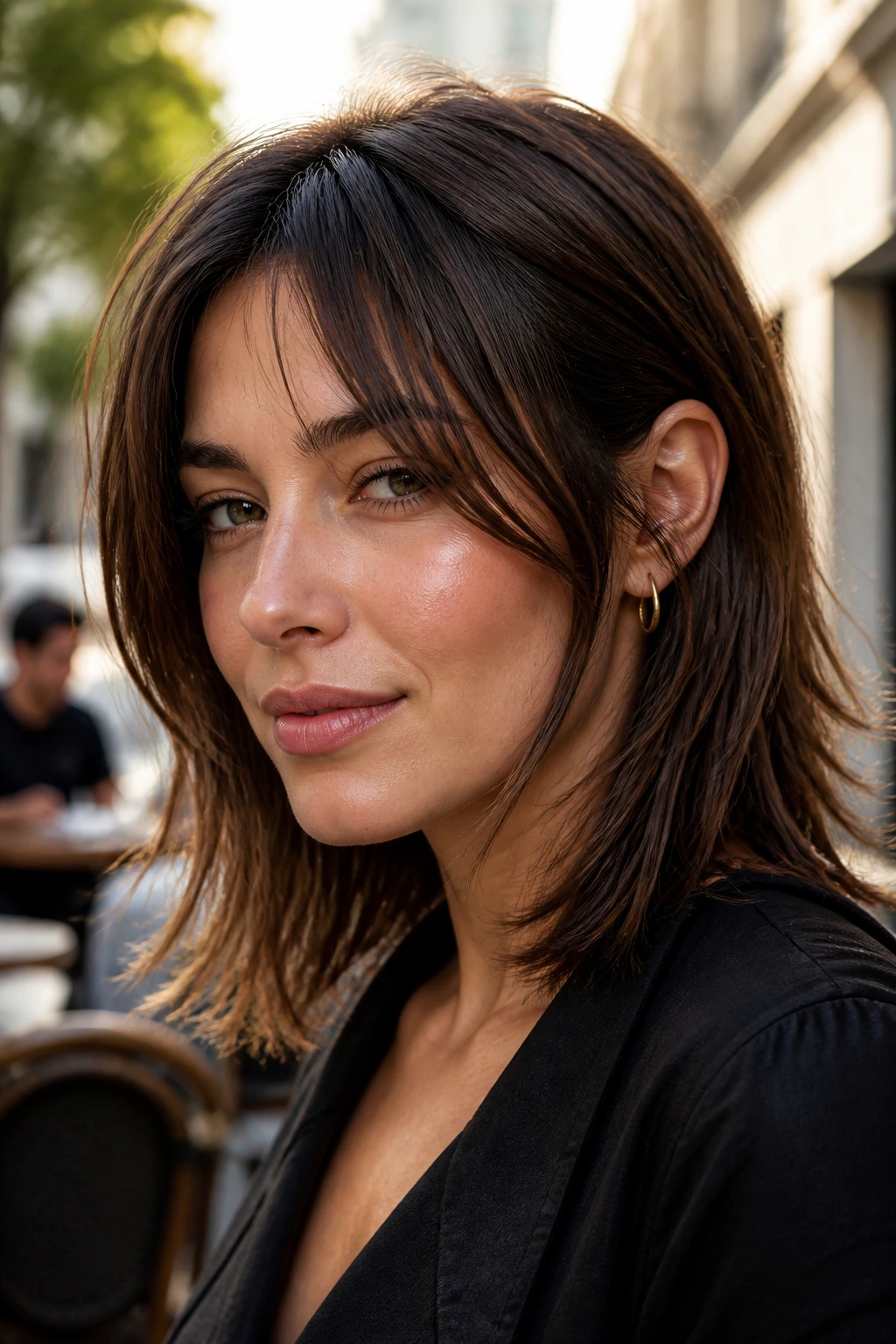 Close-up of real woman's face with layered lob shag framing the front