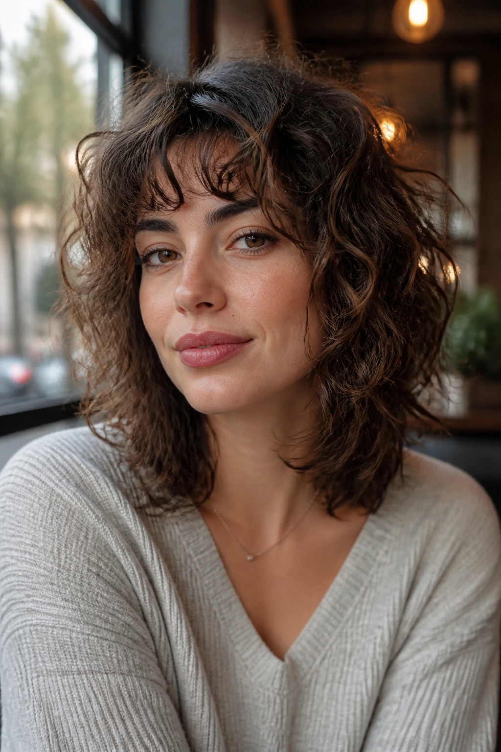 Close-up of a real woman with layered lob shag at collarbone length in a cafe window setting.