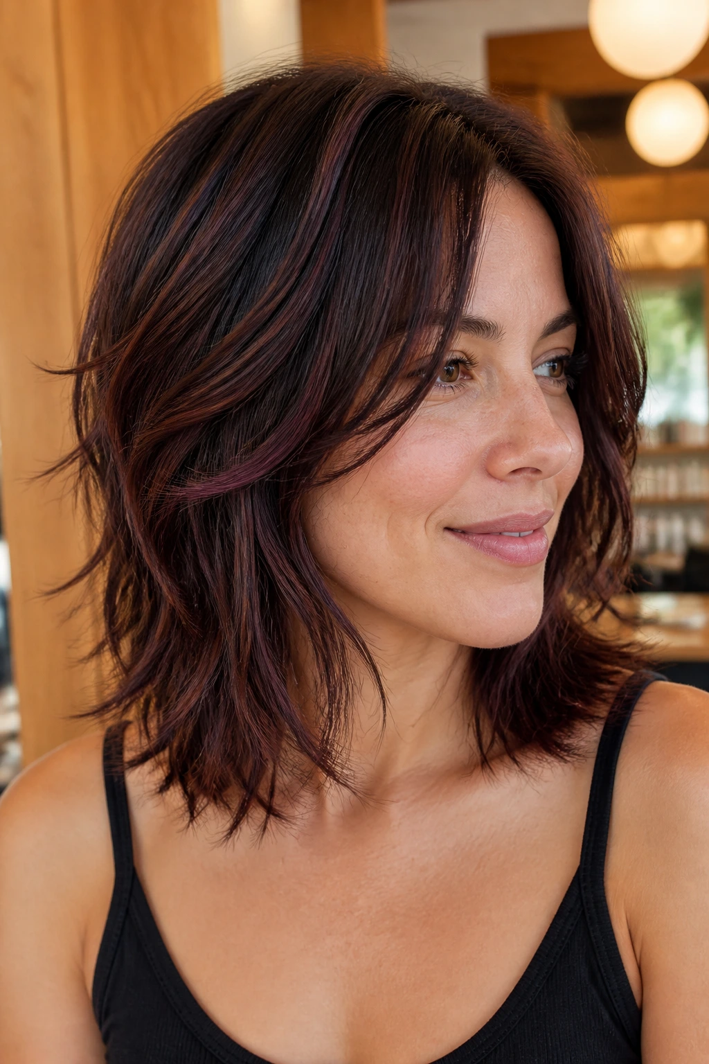 Real woman with layered lob shag and mahogany dimension on brunette hair