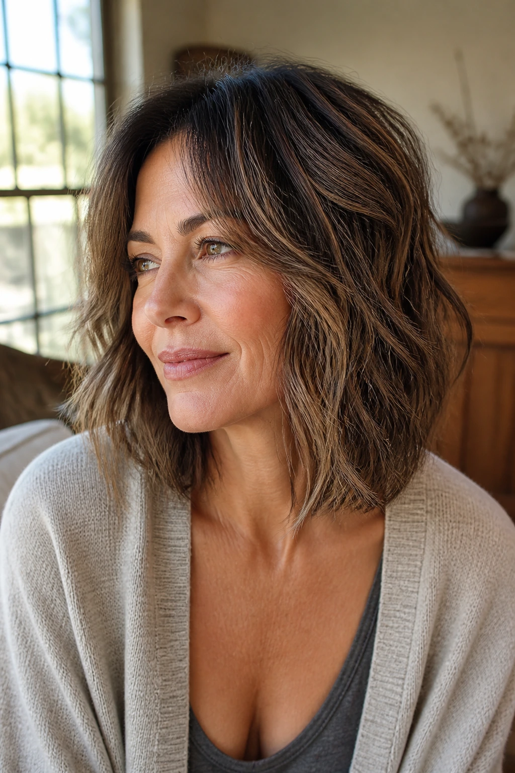 Close-up portrait of a real woman with layered lob shag in a sunlit living room.