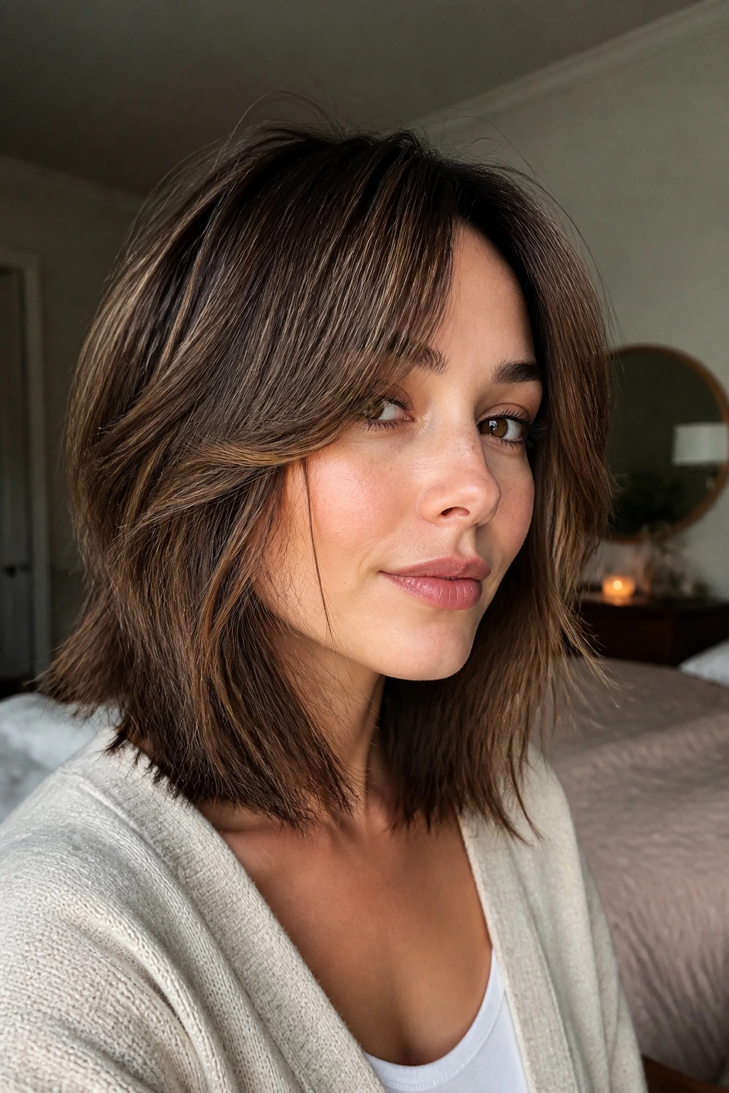 Close-up of a real person with Layered Lob Shag at shoulder length and lift.