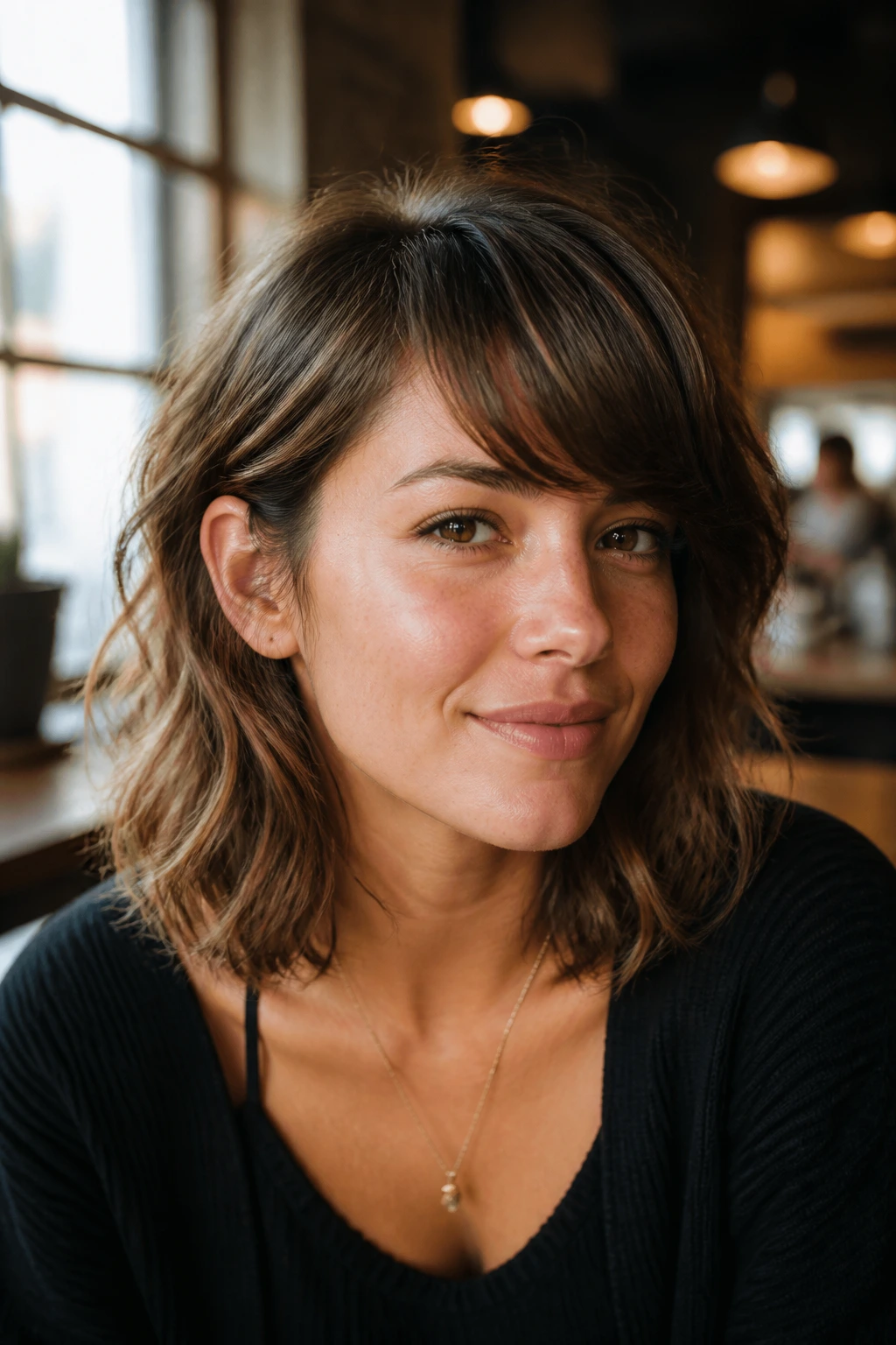 Portrait of a real person with layered lob shag and side-swept bangs in warm cafe light