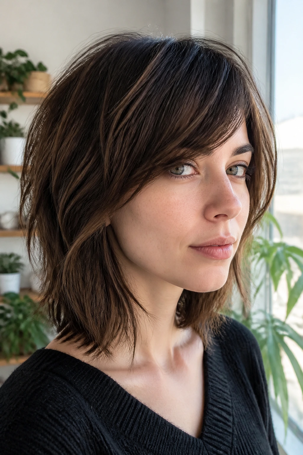 Close-up portrait of a real woman with layered lob shag and side-swept bangs in a bright apartment