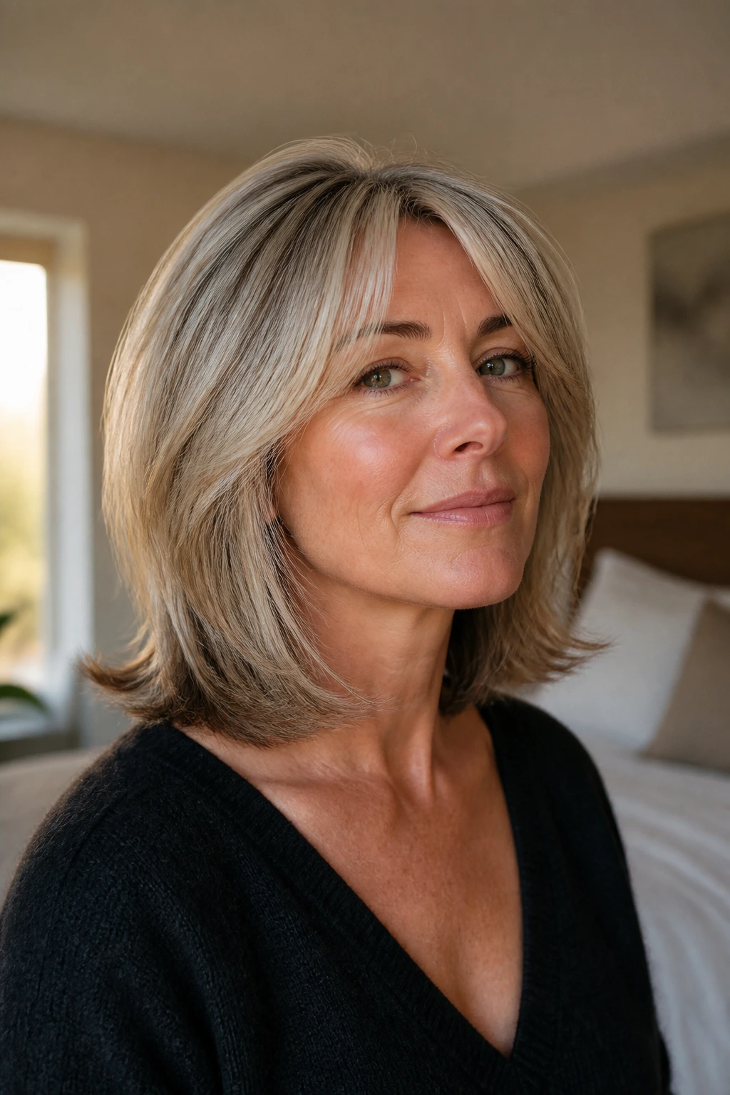 Close-up of a real woman with a collarbone-grazing layered lob, highlighting jaw and cheekbone movement.