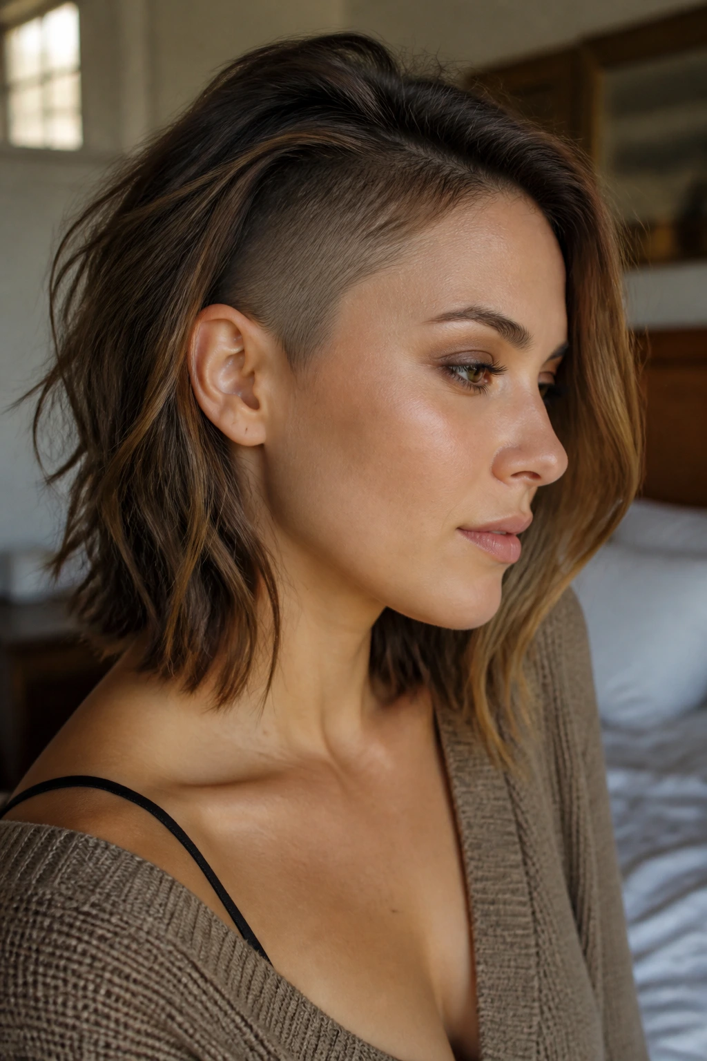 Close-up portrait of woman with layered lob and side shave, natural light