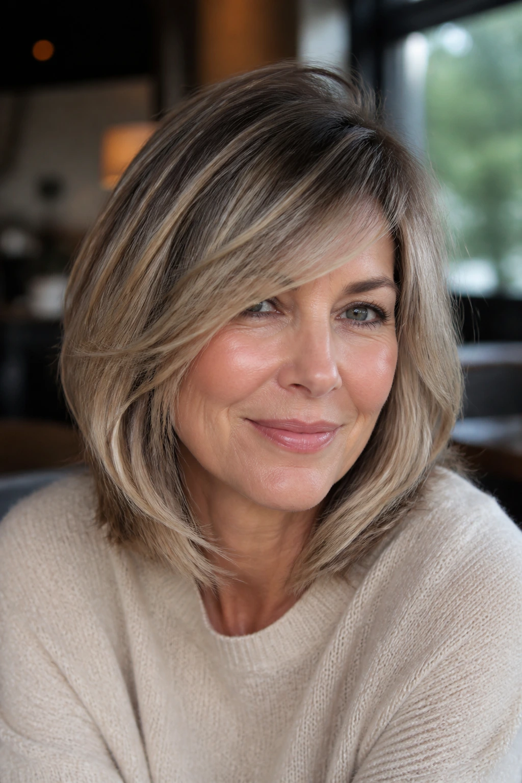 Portrait of a woman with layered lob and side-swept fringe