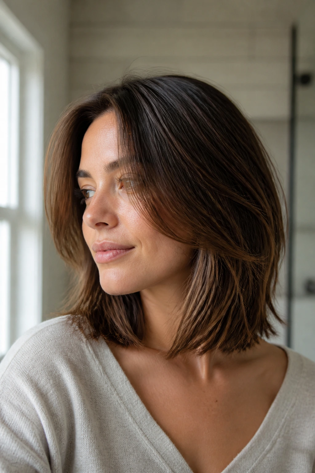 Portrait of a real person with a shoulder-length layered lob in morning light