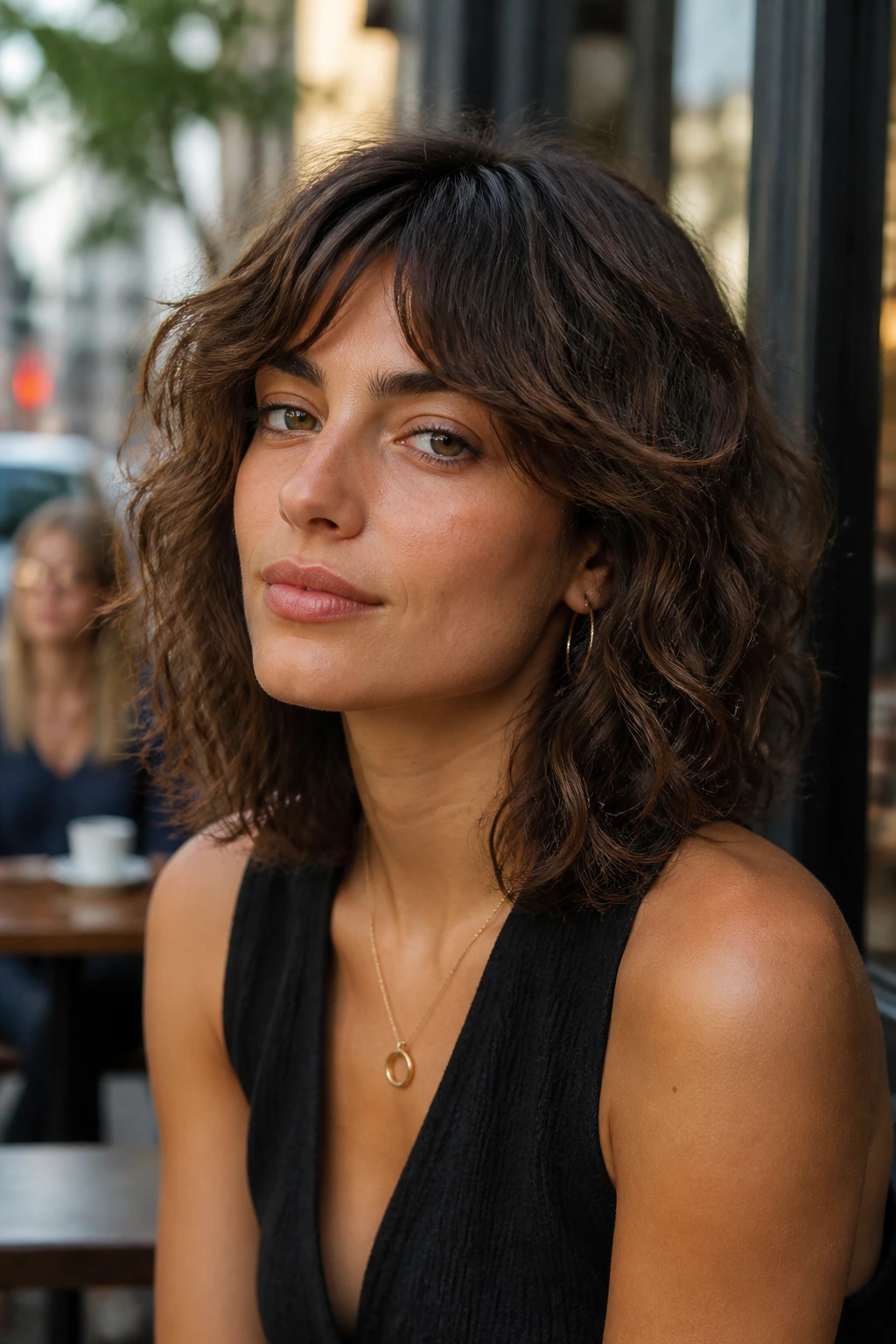 Close-up of a woman with layered lob and temple bangs in a sunlit street cafe