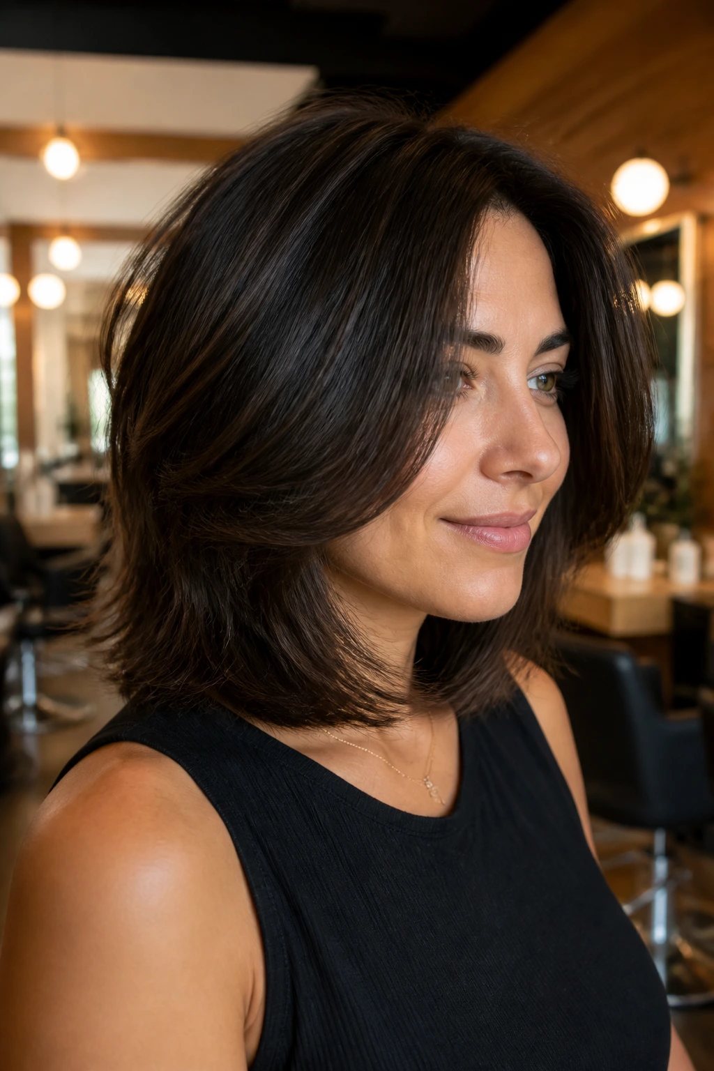 Close-up of a real woman with layered lob on thick hair showing internal movement