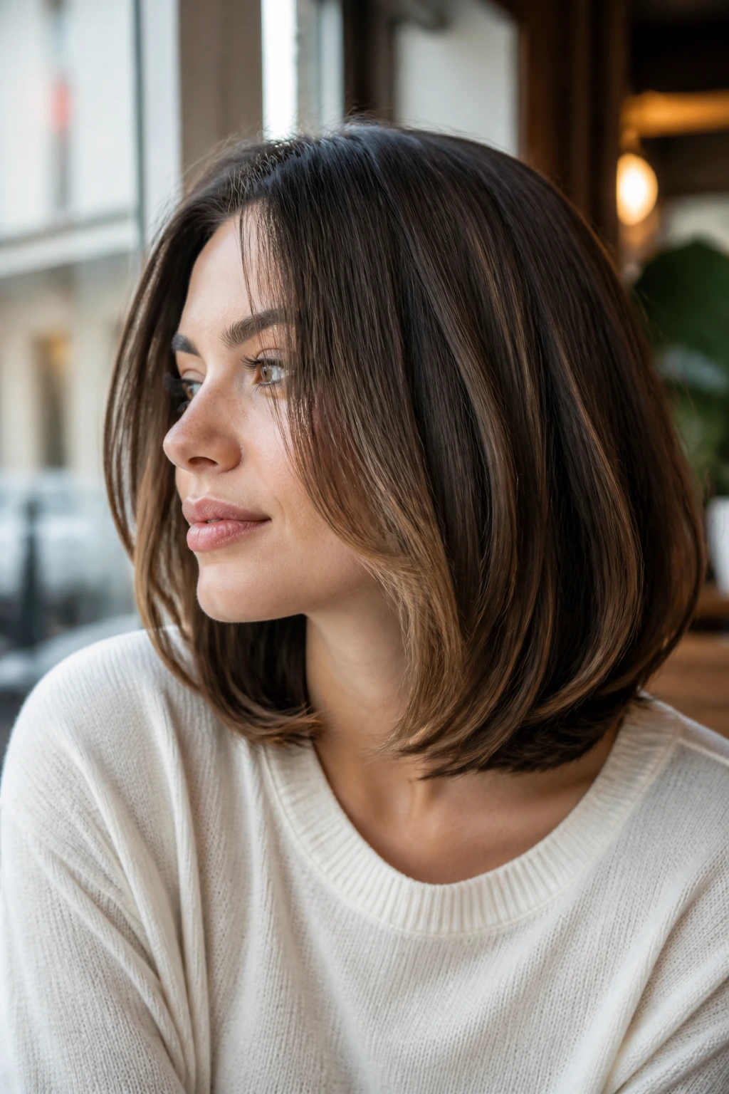 Portrait of woman with layered lob and tucked ends, hair tucked toward neck