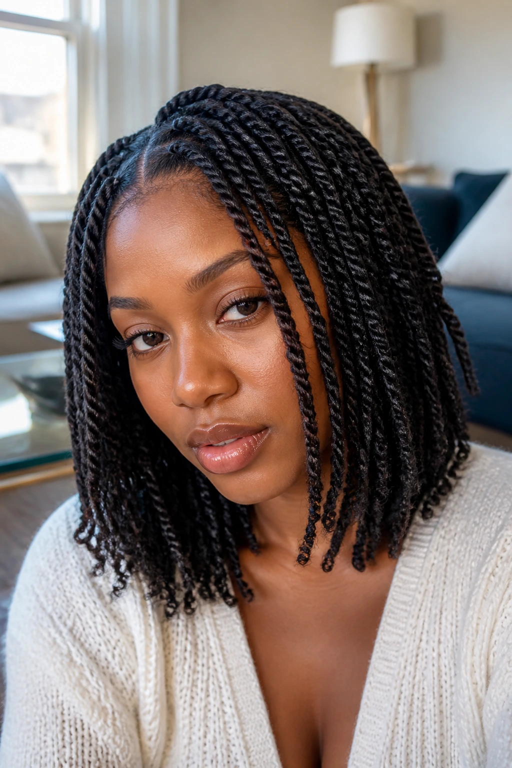 Close-up of a real woman with layered lob twists at collarbone length, rope-like texture and movement