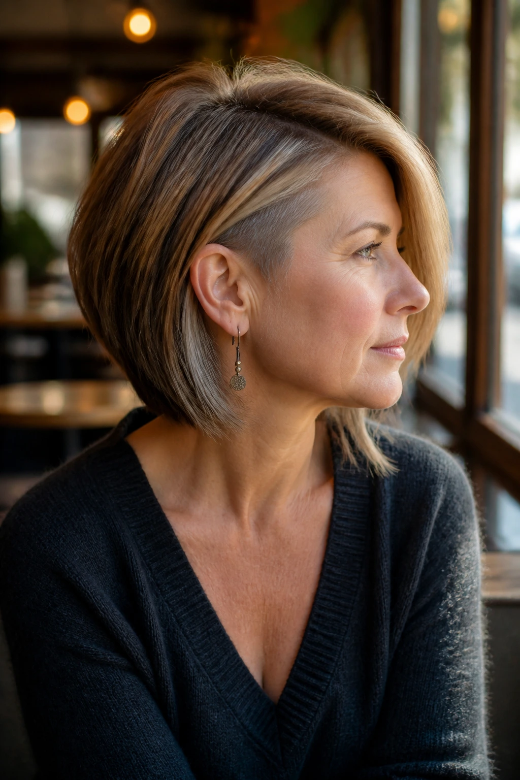 Real woman with layered lob and hidden undercut portrait