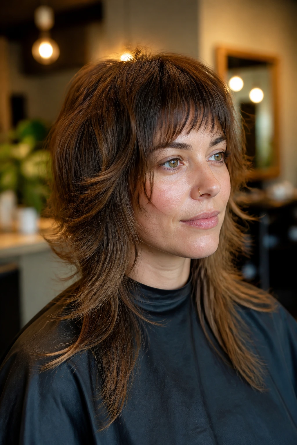 Close-up of a real client showing layered long shag in a salon setting