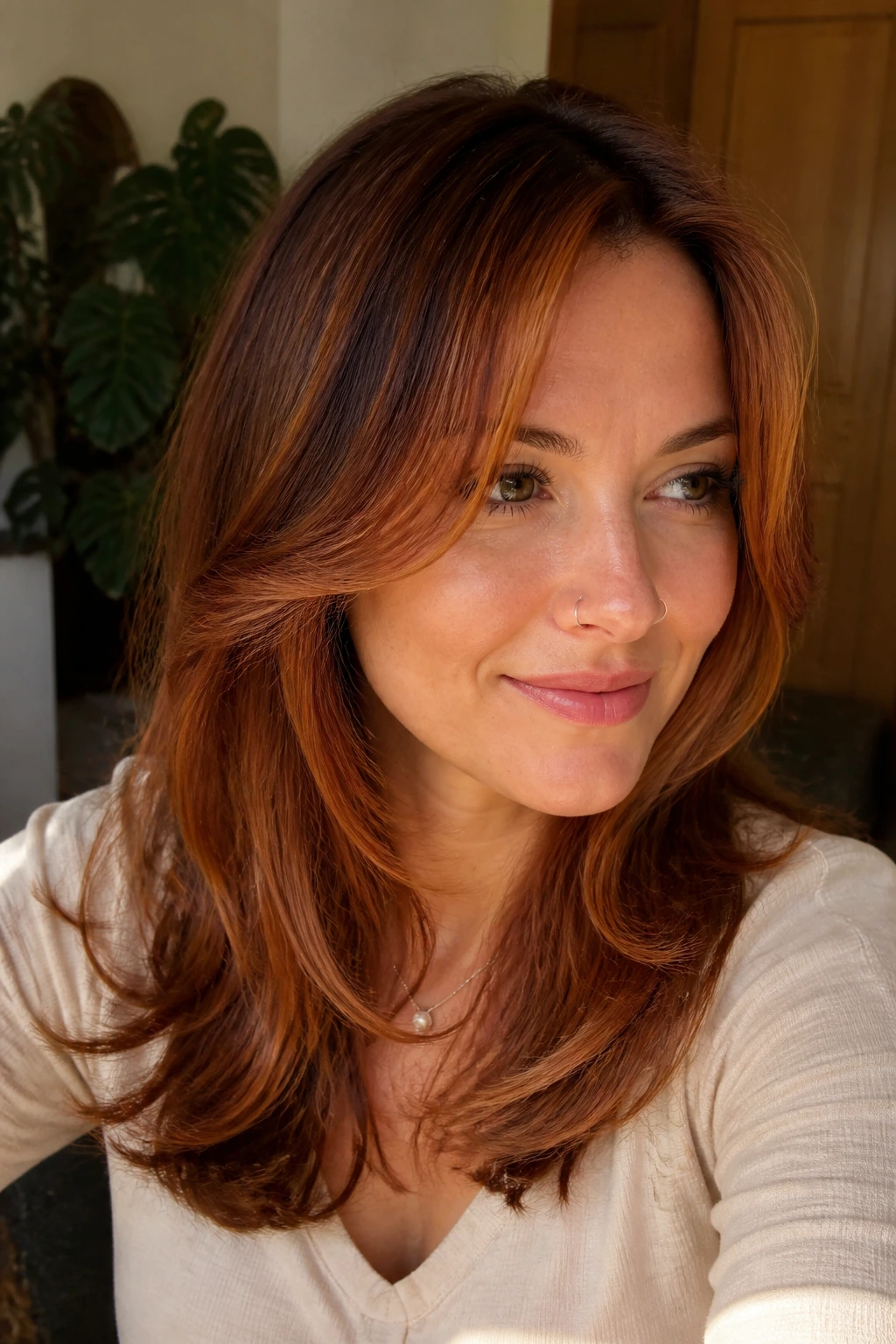 Portrait of a person with layered haircut and copper highlights