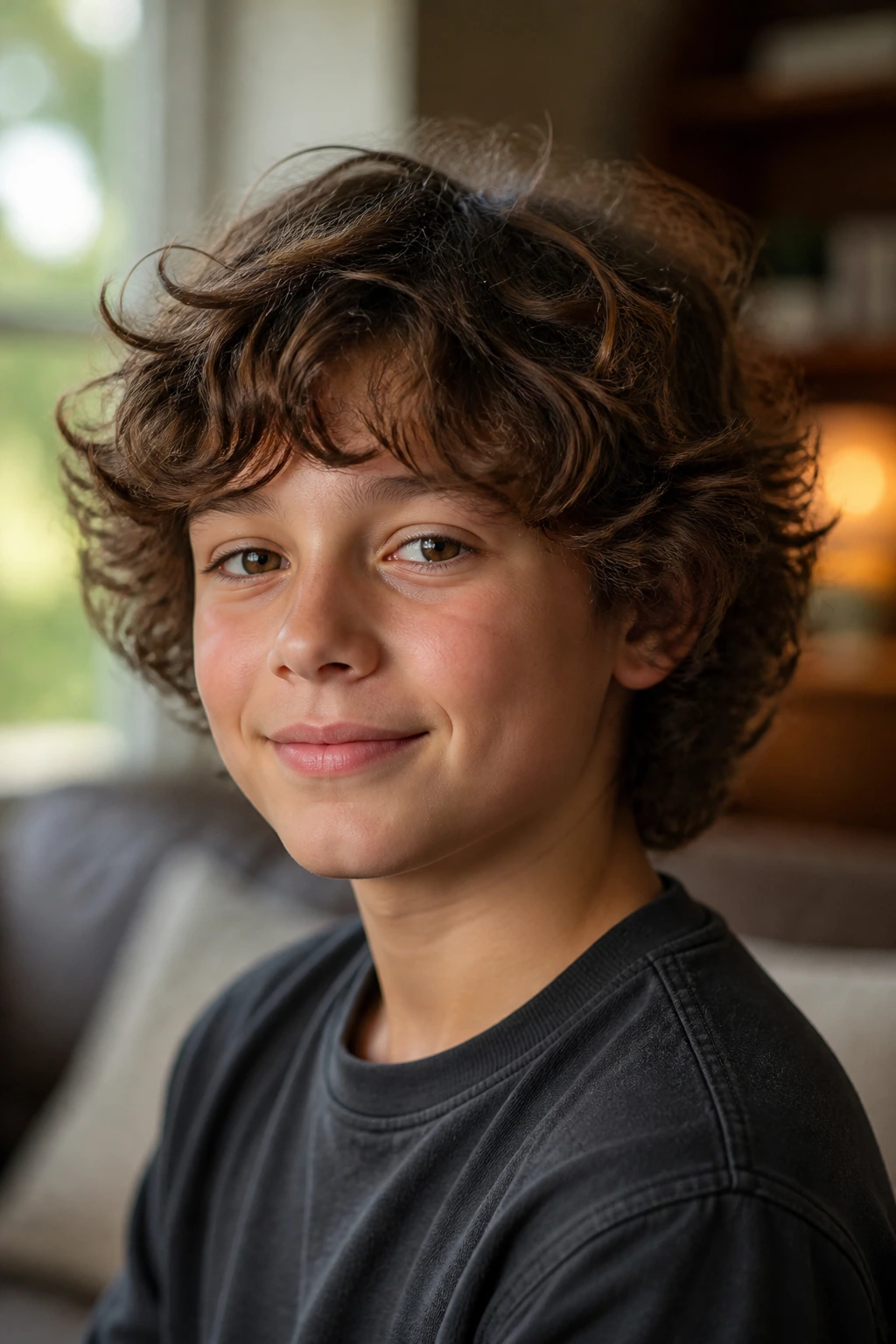 Portrait of a boy with layered medium curls showing texture and movement