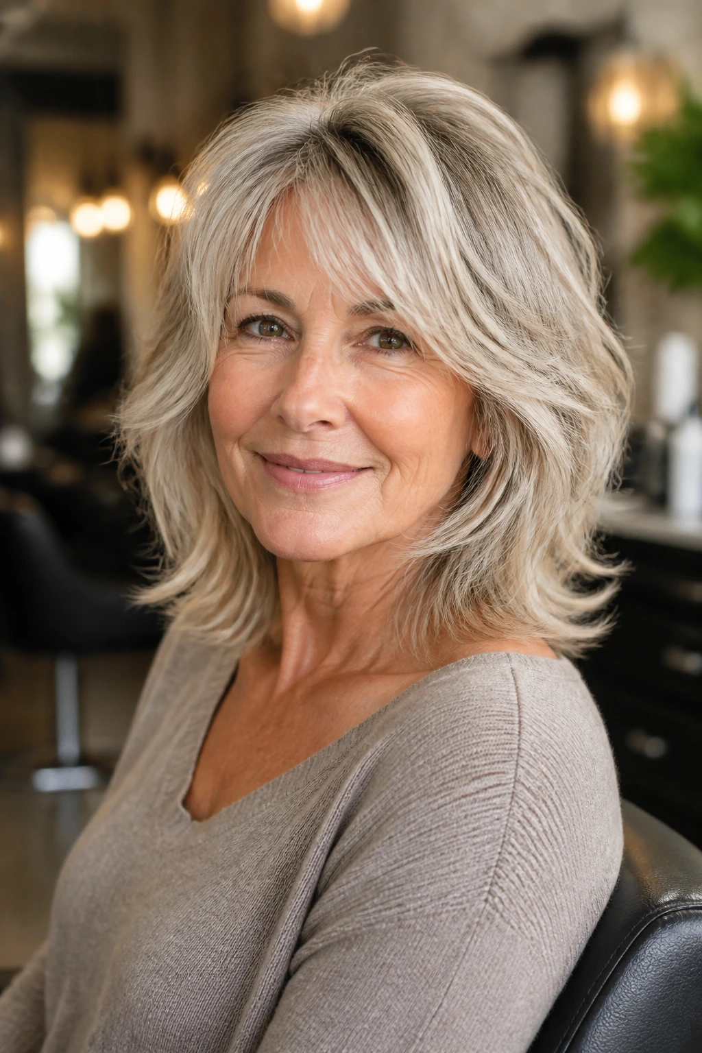 Close-up portrait of a real woman with layered medium-length hair showing crown lift in a salon-like setting
