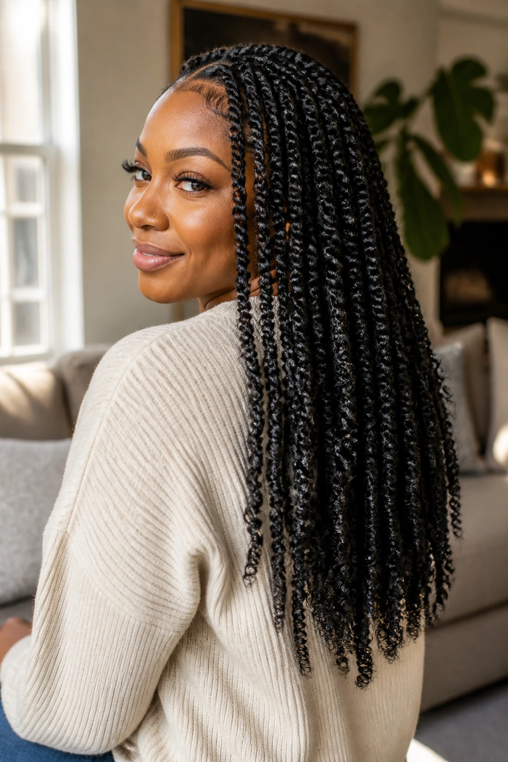 Back/side portrait of a real woman with layered mid-back passion twists