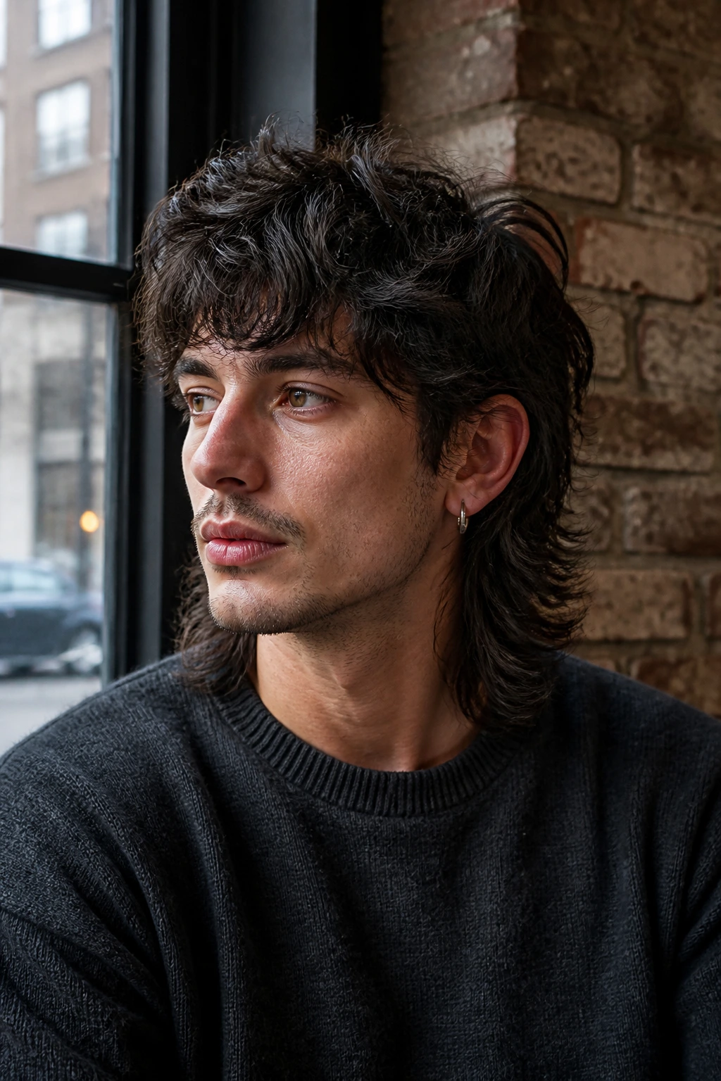 Real person with layered mid-length mullet at collar in cafe setting.
