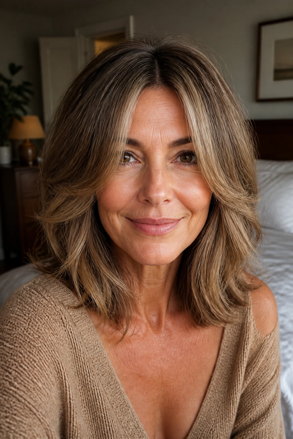 Close-up portrait of a real woman with layered midi cut and center part
