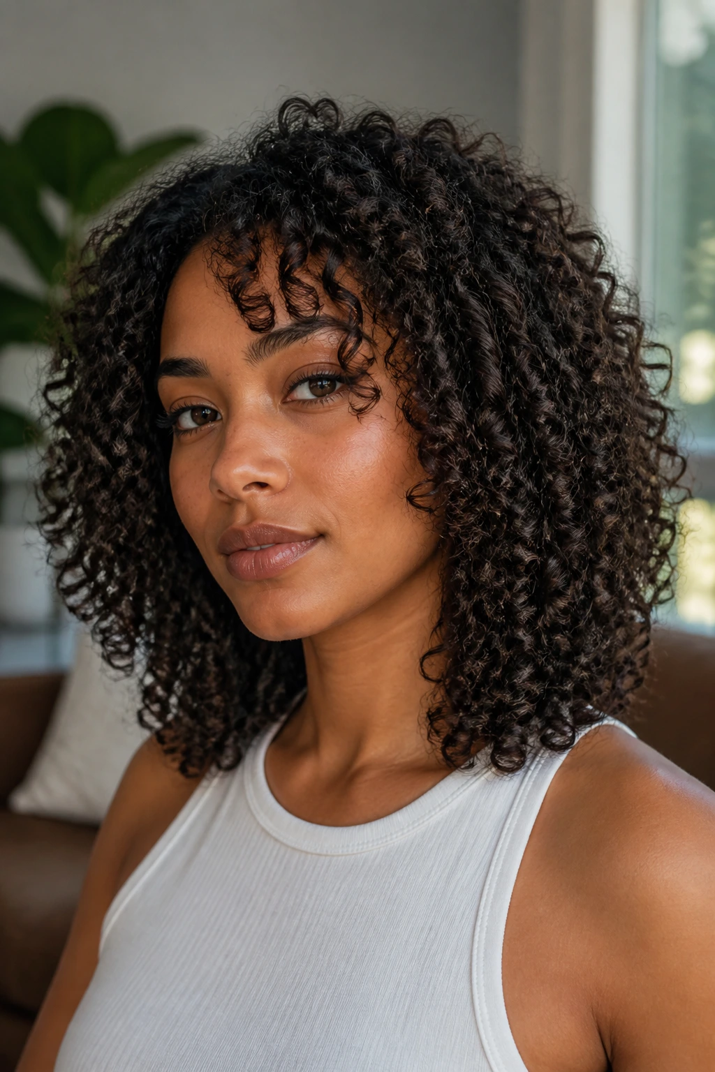 Close-up of layered midi curly hair with end definition on a real person