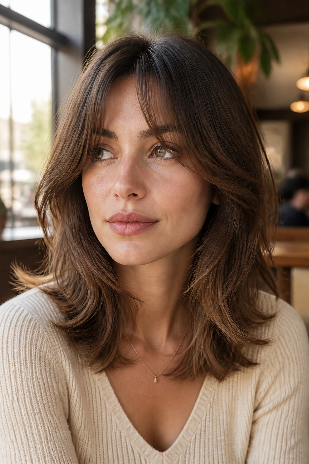Close-up of a real woman with layered midi feathered hair and split fringe at cafe window