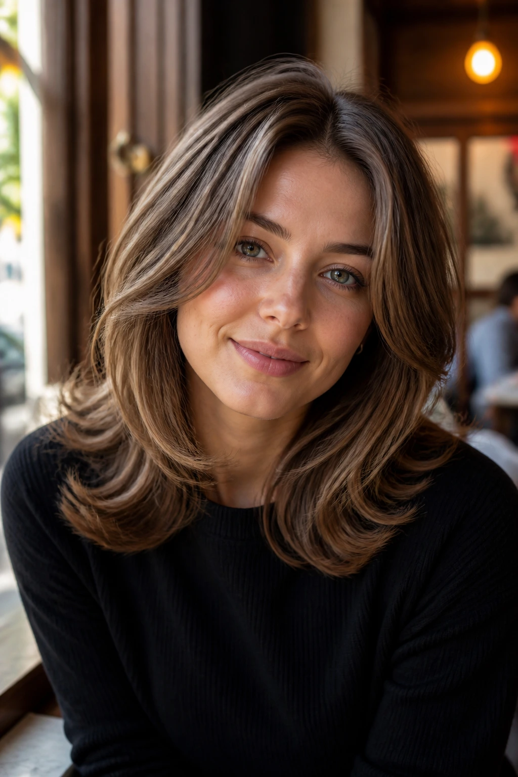 Close-up portrait of layered midi hairstyle with flip-out ends.
