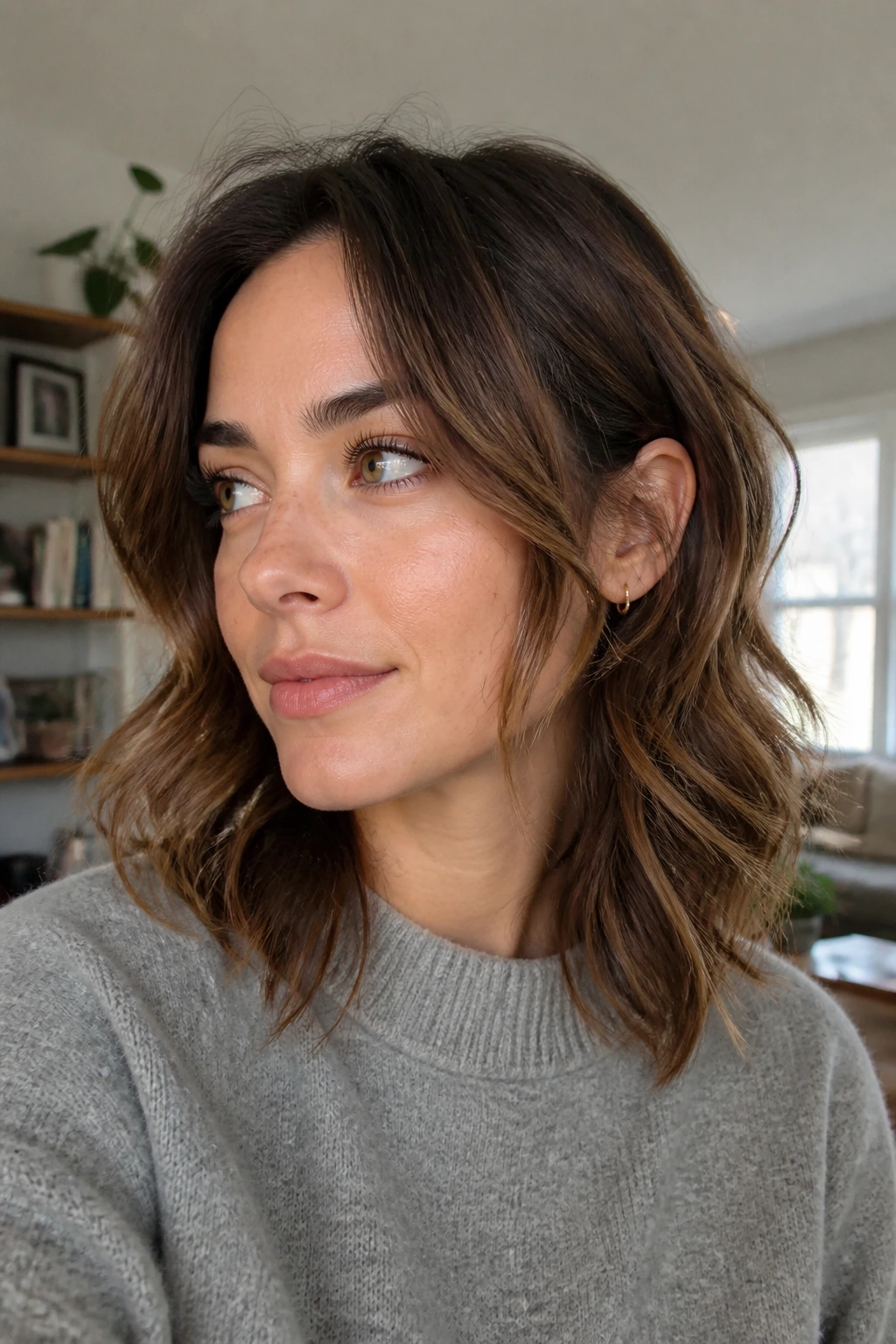 Close-up of layered midi shag with cheekbone framing on a real woman in natural daylight