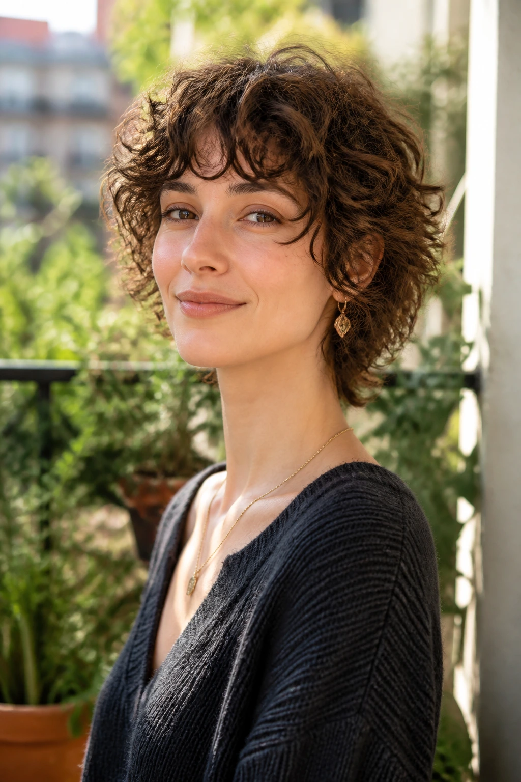 Three-quarter portrait of a real woman with layered mixie for loose curls