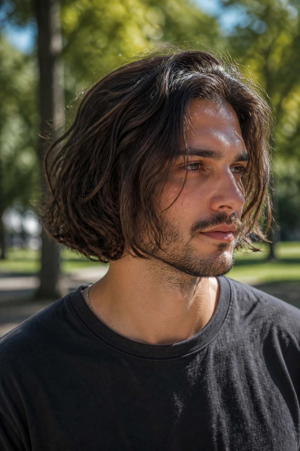 Man with layered movement bob in a sunlit park