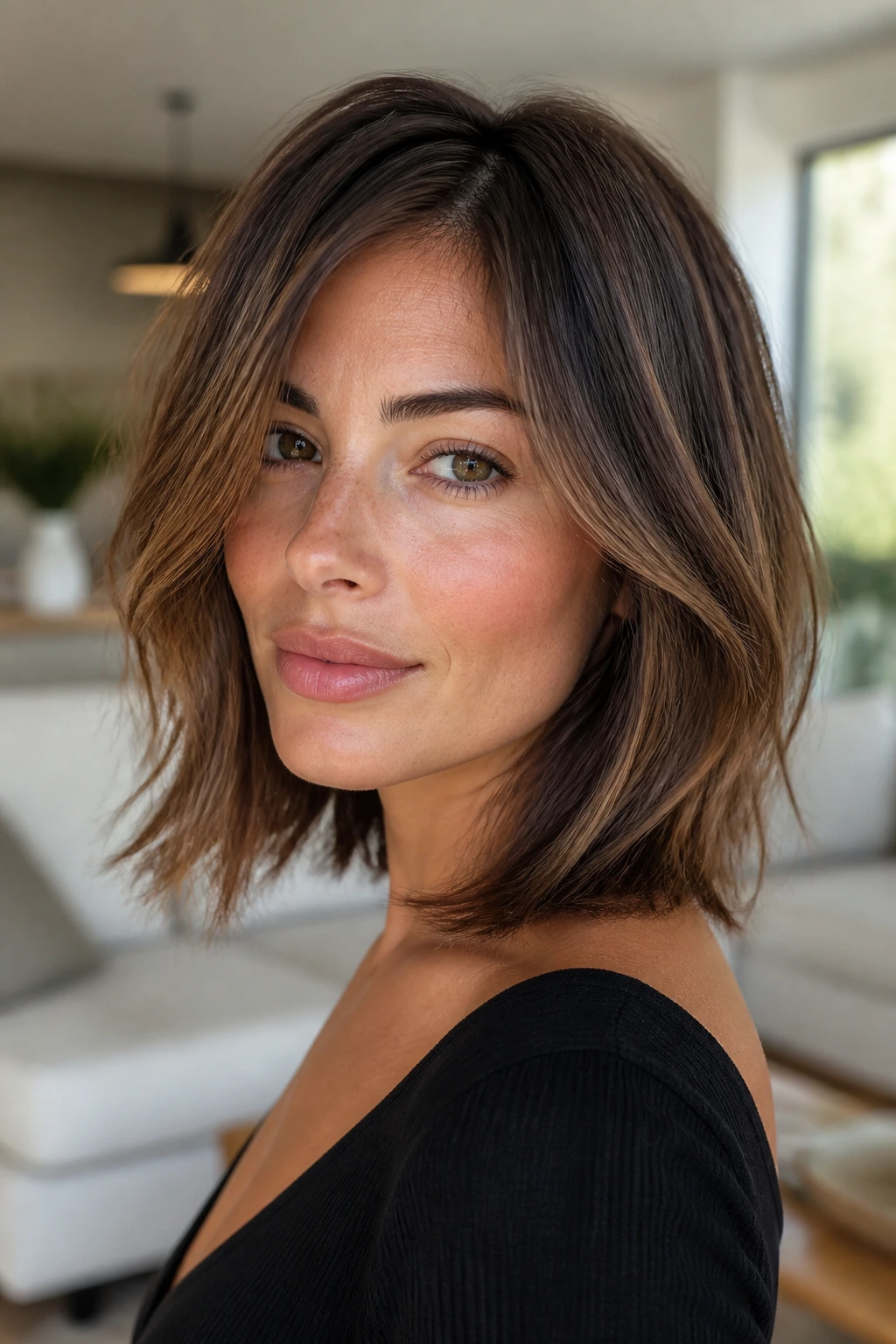 Close-up of a real woman with a layered movement lob showing subtle long layers