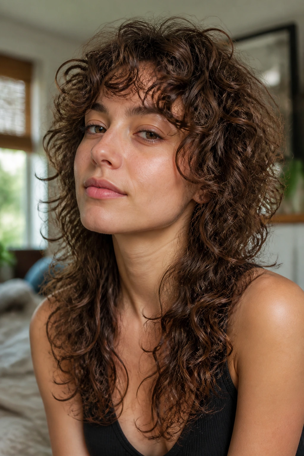 Close-up of a real person with layered chest-length curly mullet under natural window light